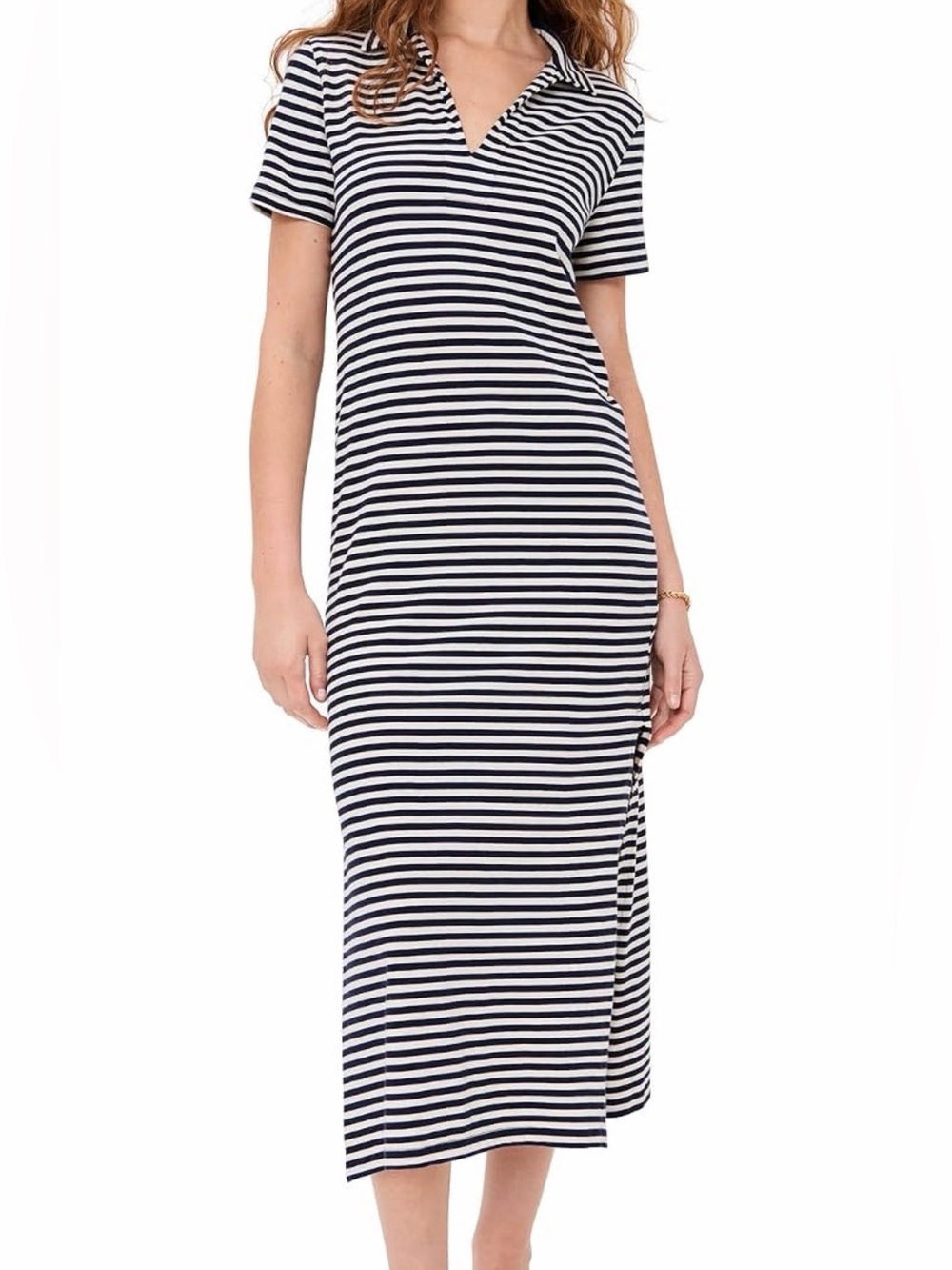 Striped Polo Collar Cotton Midi Dress - Velvet Size S